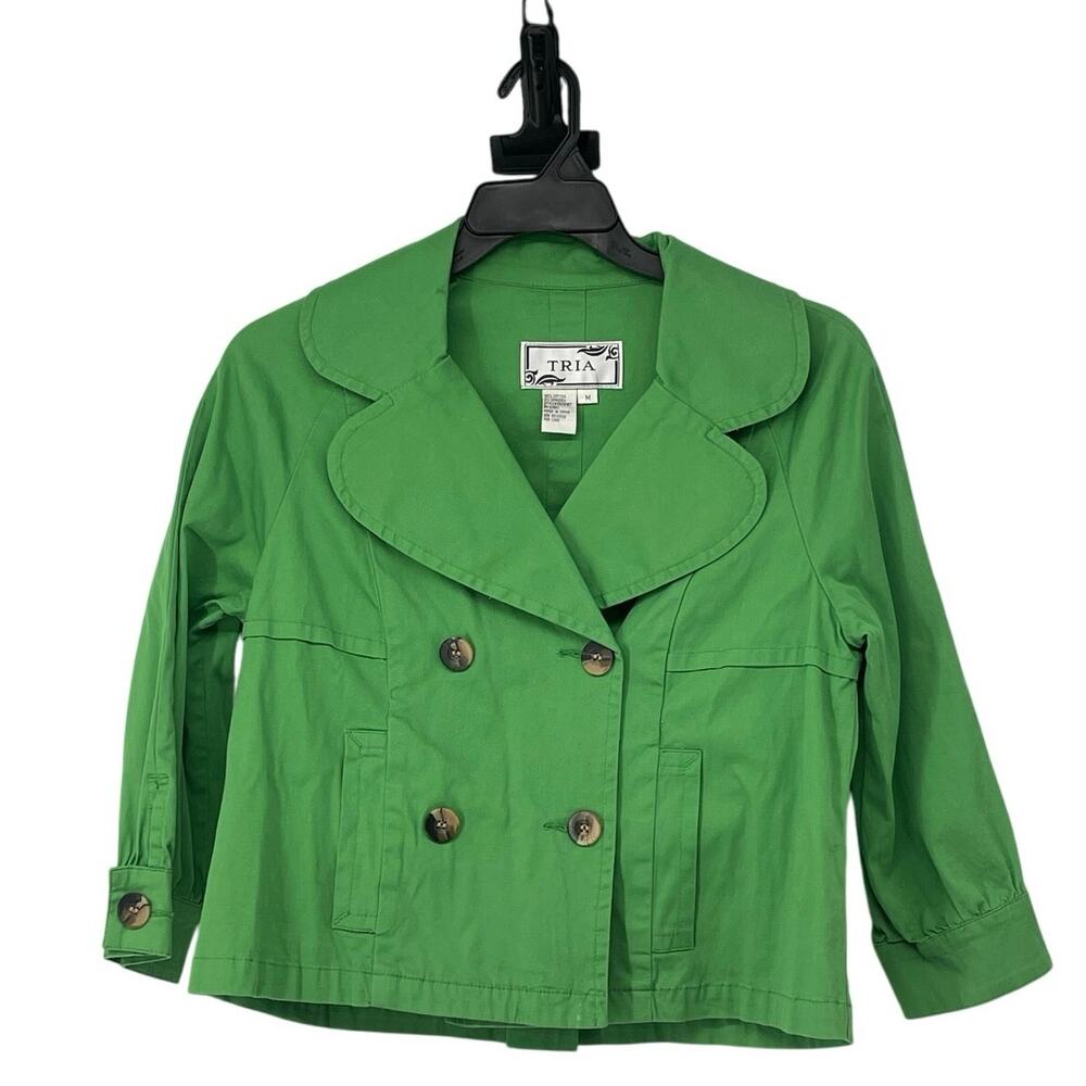 Vintage Tria Cotton Green Cropped Big Collar Size M Light Jacket Cottage Retro